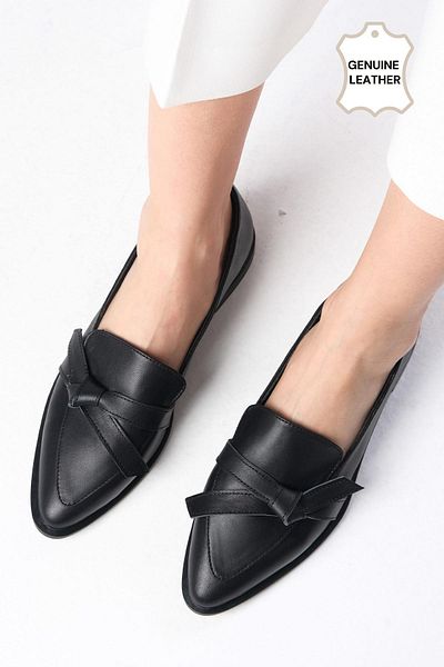 Mio Gusto Ezra Genuine Leather Black Dámské ležérní ploché boty Loafer