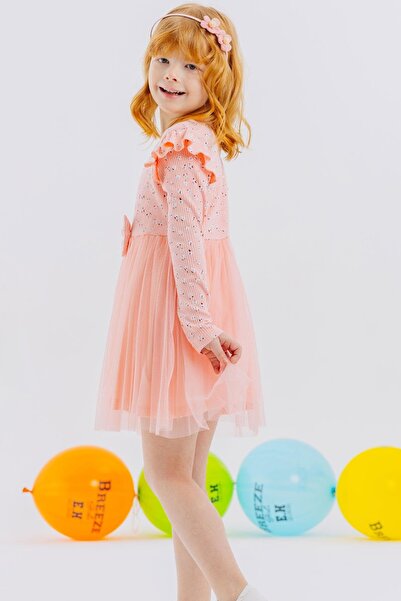 Breeze Kız Çocuk Uzun Kollu Elbise Çiçek Desenli Fırfırlı Fiyonklu 3-7 Yaş, Somon