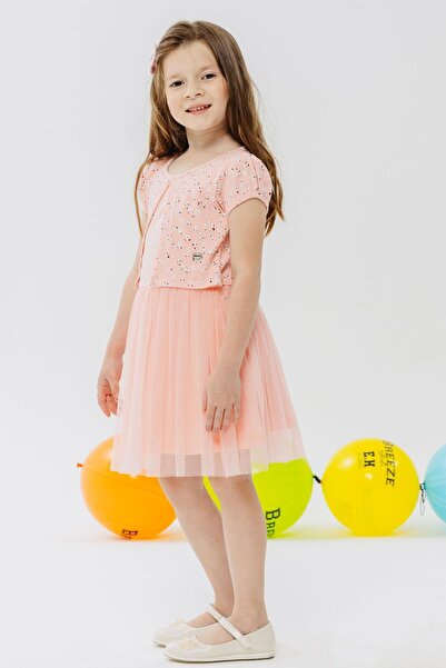 Breeze Girl's Dress Flower Patterned Embroidered Age 3-8, Salmon