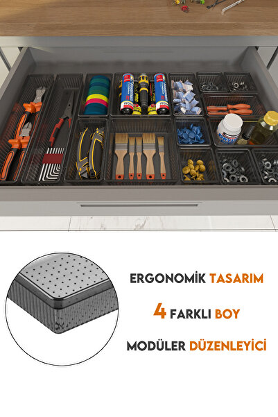 Meleni Home 15'li Dolap Çekmece İçi Düzenleyici Set - Vida Dübel Hırdavat Avadanlık Organizer Set Antrasit