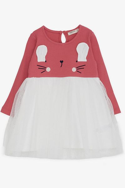 Breeze Girl's Long Sleeve Dress with Kitten Embroidery, Age 1.5-5, Tile
