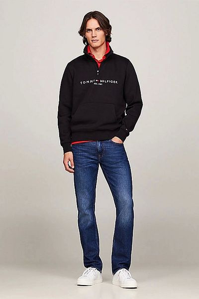 Tommy Hilfiger Men's Half Zipper Organic Cotton Stand Collar Black Sweatshir with Brand Logo on the Chest and Sleeve Sleeves