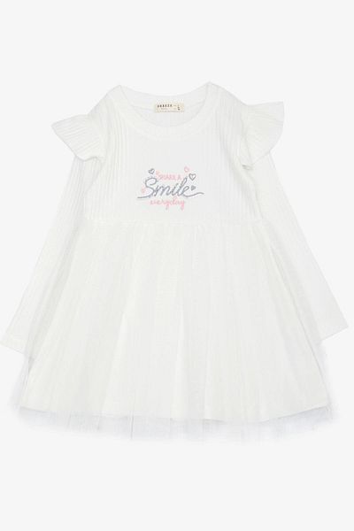 Breeze White Embroidered Sequin Tulle Long Sleeve Girl's Dress - 1.5-5 Years, Ruffled Shoulder