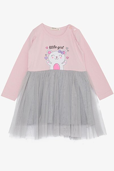 Breeze Kız Çocuk Uzun Kollu Elbise Küçük Kızlar Sevgi Temalı Mutlu Ayıcık Baskılı Tüllü 1-4 Yaş, Pem