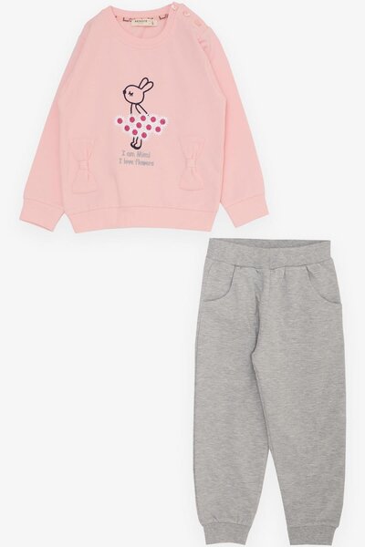 Breeze Kız Çocuk Eşofman Takım Çiçek Temalı Tavşancık Nakışlı 1-4 Yaş, Pembe