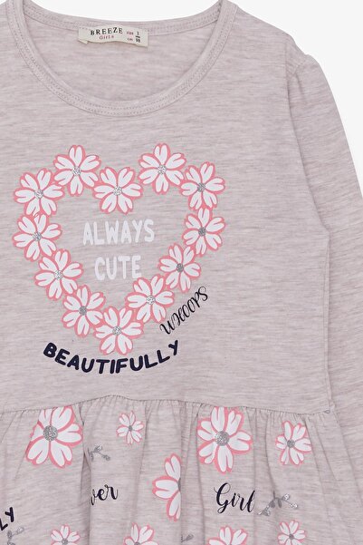Breeze Kız Çocuk Uzun Kollu Elbise Çiçekli Baskılı Desenli 3-7 Yaş, Bej Melanj