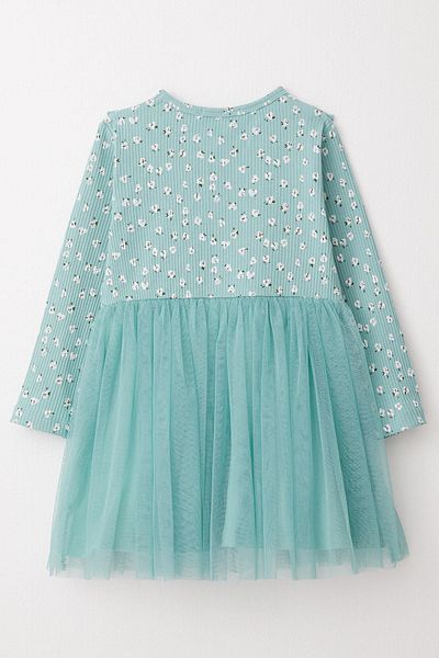 Breeze Water Green Floral Patterned Girl's Dress - Long Sleeve and Bow, 2-6 Years