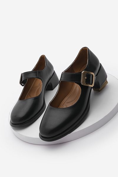 Marjin Schwarzer Damen-Loafer – Freizeitschuhe mit Schnalle und dickem Absatz