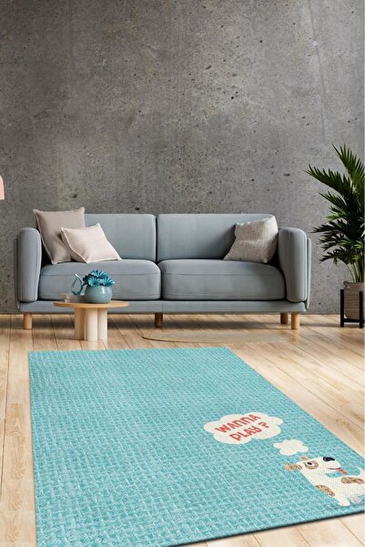 Homshtag Oynayalım Mı Mavi Renkli Halı Modern Salon Halısı Köpekli Yatak Odas...