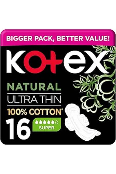Kotex Natural Ultra Thin Pads, 100% Cotton Pad, Super Size, 16 Sanitary Pads