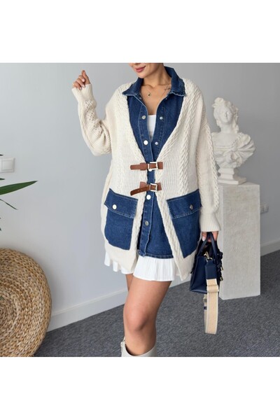 Lavanta Tekstil سترة صوفية بتصميم قطعة قميص من قماش الدنيم