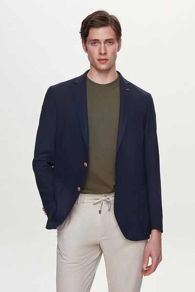Twn Slim Fit Navy Blue Dobby Fabric Jacket