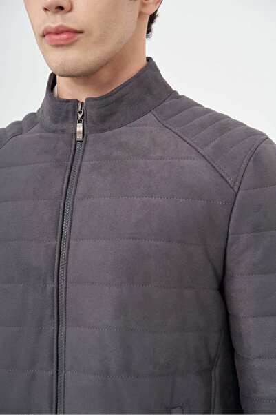 İmza Anthracite Suede Look Faux Leather - Prevailing Collar Slim Fit Casual Coat 1038245150