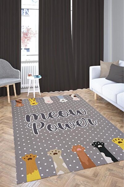 Meow Power Gray Color Cat Themed Rug Multicolor Children's Room Rug Nursery Kindergarten Rug