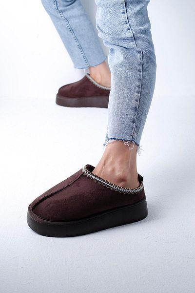 Beyond Brown Tazz Fur Mini Embroidered Thick Soled Suede Women's House Slippers - Shoes 4C