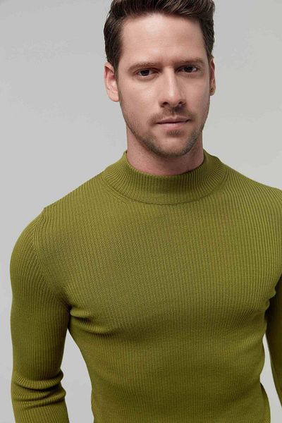 Twn Πλεκτό πουλόβερ Slim Fit Green Rib Knit Half Fisherman Wool Πλεκτό πουλόβερ