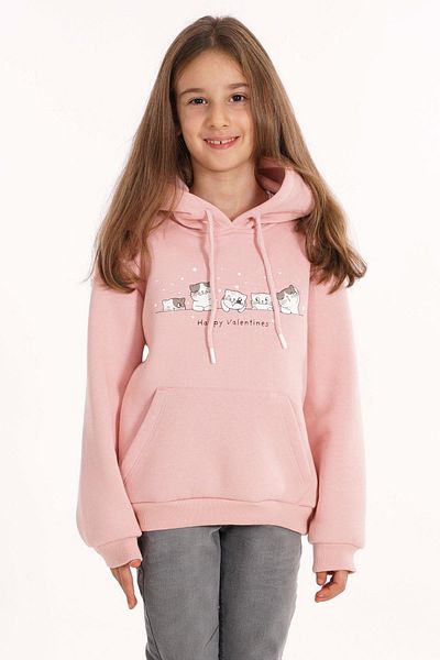 zepkids Cat Printed Kangaroo Pocket Dusty Pink Color Girl's Hooded Sweatshirt
