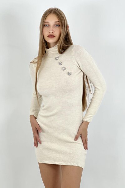 Miss Poem Women's Turtleneck Long Sleeve Mini Ecru Knitwear Dress