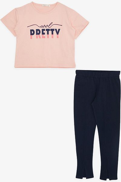 Breeze Girl's Tights Crop Suit with Text Print and Slit on the Leg, 5-10 Years, Salmon