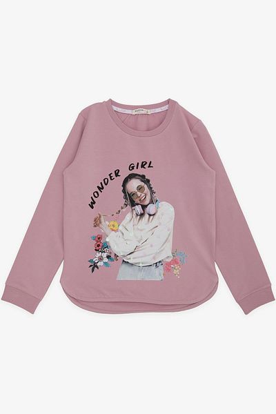 Breeze Суитшърт за момиче, Чудесно момиче, Текстов принт, Флорални мотиви, 9-14 години, Прашно розово