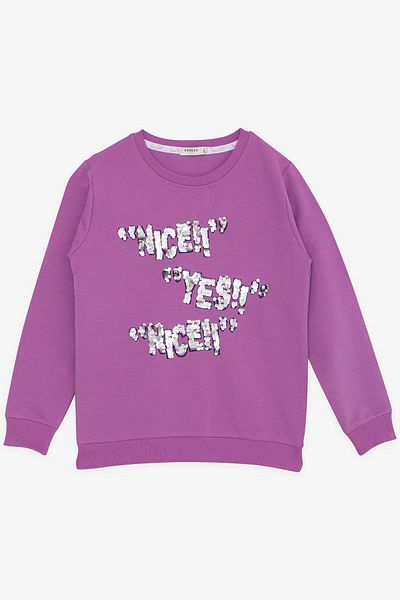 Breeze Суитшърт за момиче с пайети и текст, 8-14 години, лилав