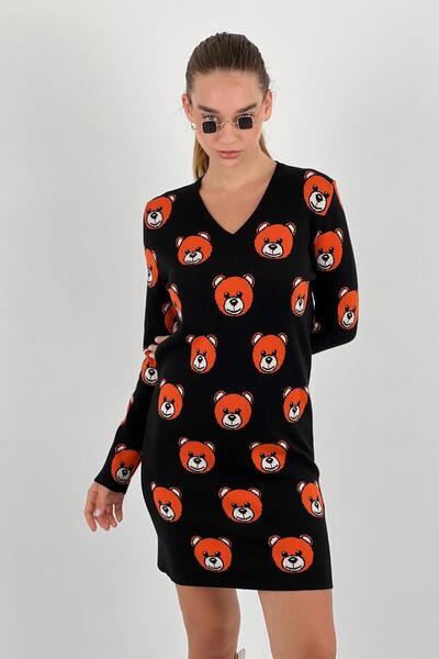 Miss Poem Kadın V Yaka Ayıcıklı Uzun Kollu Mini Siyah Triko Elbise