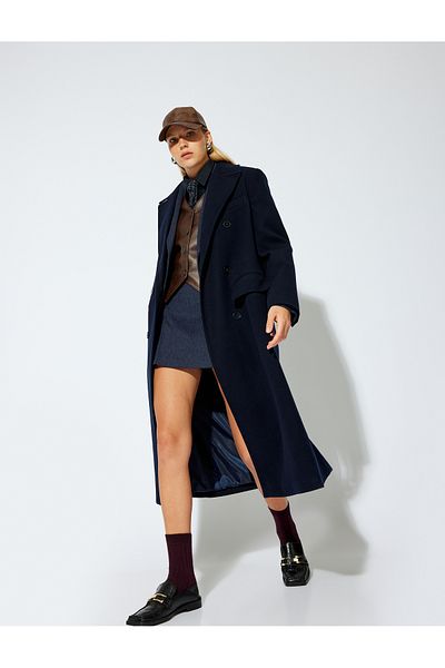 Koton Double Breasted Buttoned Pocket Extra Long Stamp Coat