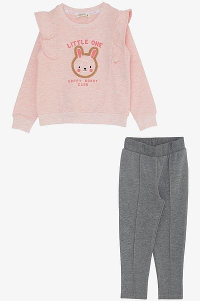 Breeze Girl's Tights Set with Cute Bunny Embroidery and Ruffles on the Shoulder Age 2-6, Salmon Melange