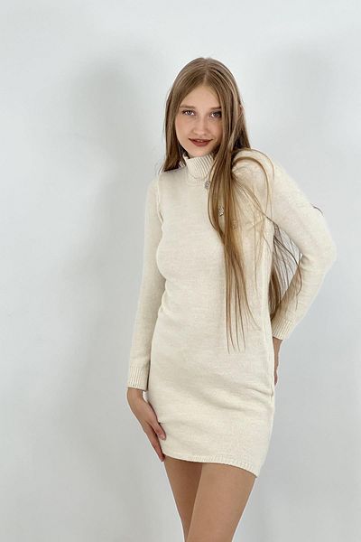 Miss Poem Women's Turtleneck Long Sleeve Mini Ecru Knitwear Dress