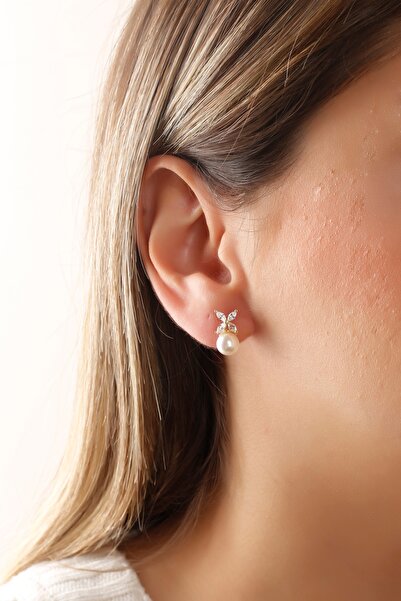 SUNSHINE 925 Ayar Gümüş ,Gold Kaplamalı İncili Çiçek Küpe