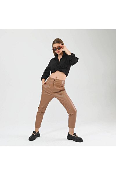 OUZ Fashion Women's High Waist Raised Leather Pants