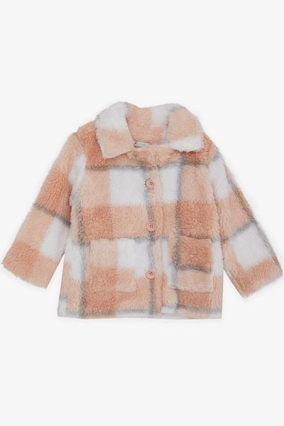 Escabel Breeze Girl's Coat - Plush Buttoned, Pocketed, Plaid Patterned 2-6 Years, Mixed Color