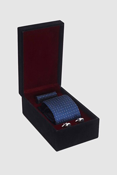 D'S Damat Ds Damat Lacivert Düz Kravat-Mendil-Kol Düğmesi Aksesuar Setleri