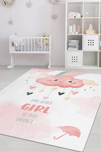Homshtag Melek Kızım Pembe Beyaz Renkli Çocuk Odası Halısı Minimal Çocuk Halı...