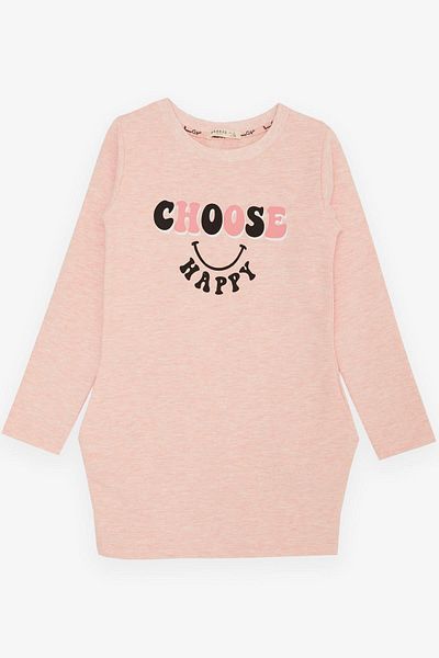 Breeze Girl's Tunic Happiness Themed Text Printed Age 8-12, Salmon Melange