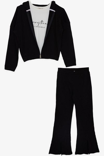 Breeze Set de dresuri pentru fetiță, 3 piese, cu nervuri, cu fermoar, cu fantă la picior, 5-10 ani, negru