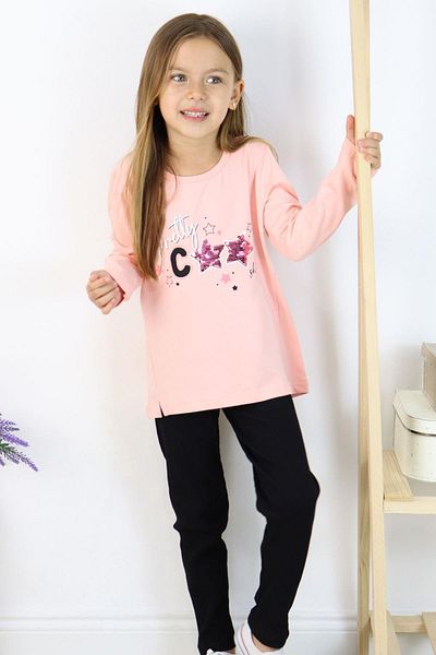 Breeze Girl's Tights Set with Coll Text Printed Sequins Age 3-8, Salmon