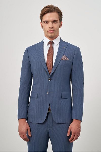 İmza Μπλε ναυτικό ριγέ Slim Fit μονόχρωμο κοστούμι πέτο - 6 Drop Lined 1001245106