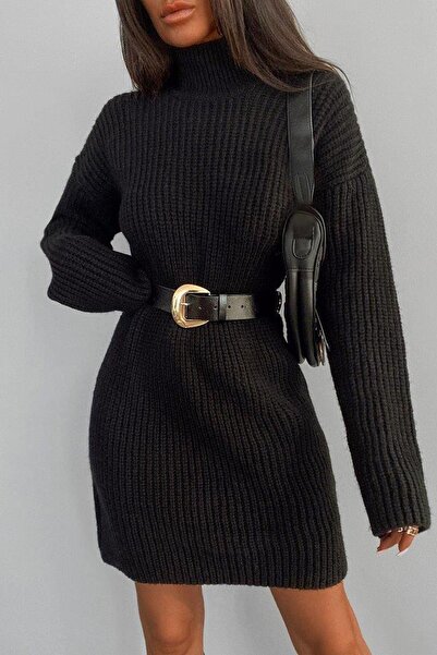 Miss Poem Black Turtleneck Thessaloniki Knitted Women's Knitwear Dress