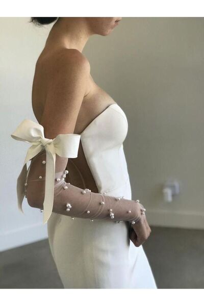 HARRU İncili Saten Kurdeleli Gelin Eldiveni