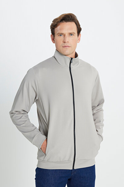 AC&Co / Altınyıldız Classics Ανδρικό μπεζ βαμβακερό ύφασμα Interlock με τσέπες με φερμουάρ Εύκαμπτο μπουφάν φούτερ Standard Fit Stand γιακά