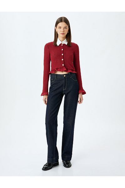Koton Crew Neck Slim Fit Crop CarDigan - ButtoneD anD Ruffle Detail