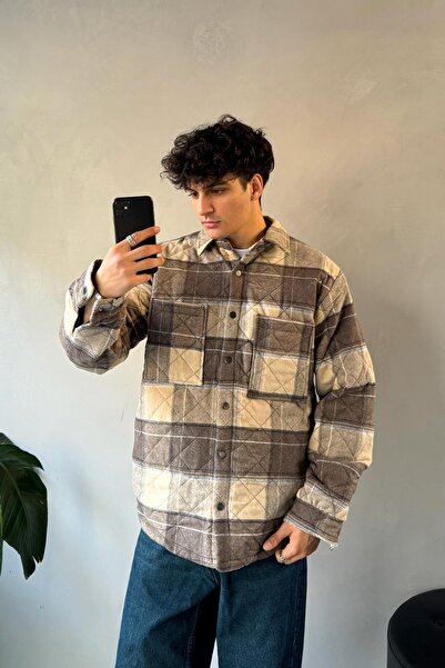 Flaw Wear Μπουφάν με καρό σχέδιο με λεπτομέρεια τσέπης μπεζ oversized