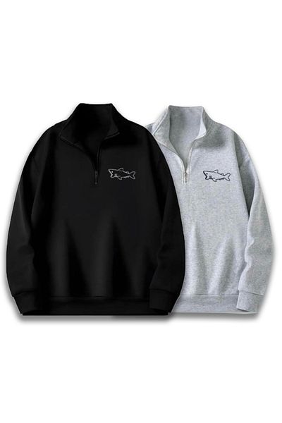 khufu Set of 2 Half Zipper Stand Collar Shark Printed Sweatshirt