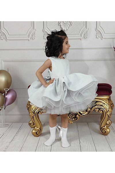 ELLUSSİ Gray Glitter V-Neck Fluffy Dress - Girl, Green Skirt