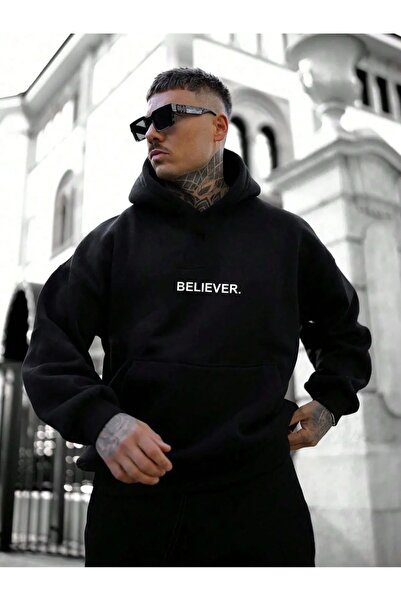 CAST COLLECTİON Men's Black Believer Printed Hooded Sweatshirt