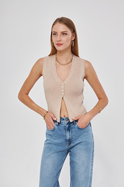 Irmak Kerekli Бежева жіноча блуза Y3107 - Дизайн з кишенями