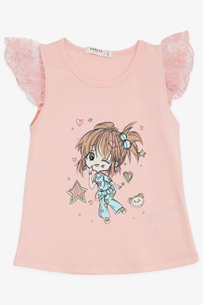 Breeze Girl's T-Shirt Crazy Girl Printed Sleeves with Embroidery Lacing 1.5-5 Years, Salmon