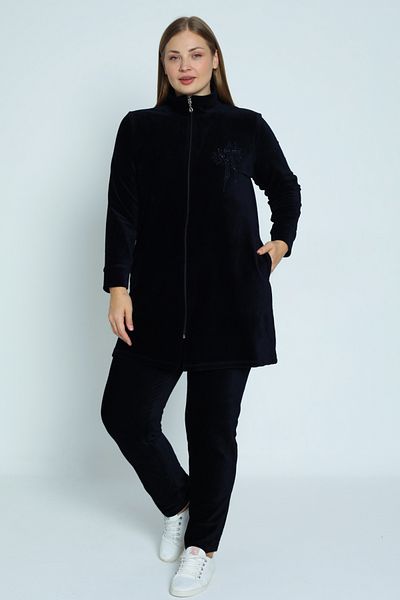 İntensive Γυναικείο σετ αθλητικής φόρμας Navy Blue Plus με μακρυμάνικο βαμβακερό πέτρινο λεπτομέρεια με βελούδινο κάτω μέρος