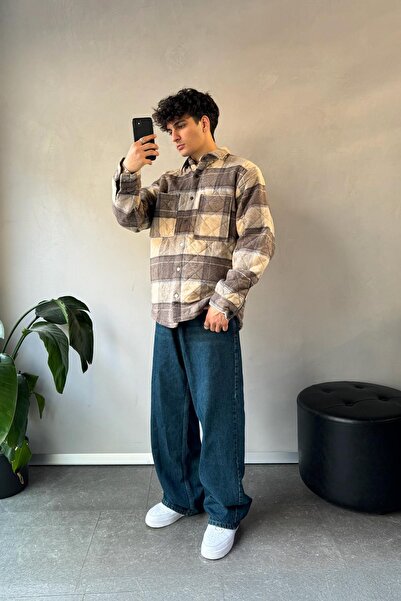 Flaw Wear Μπουφάν με καρό σχέδιο με λεπτομέρεια τσέπης μπεζ oversized